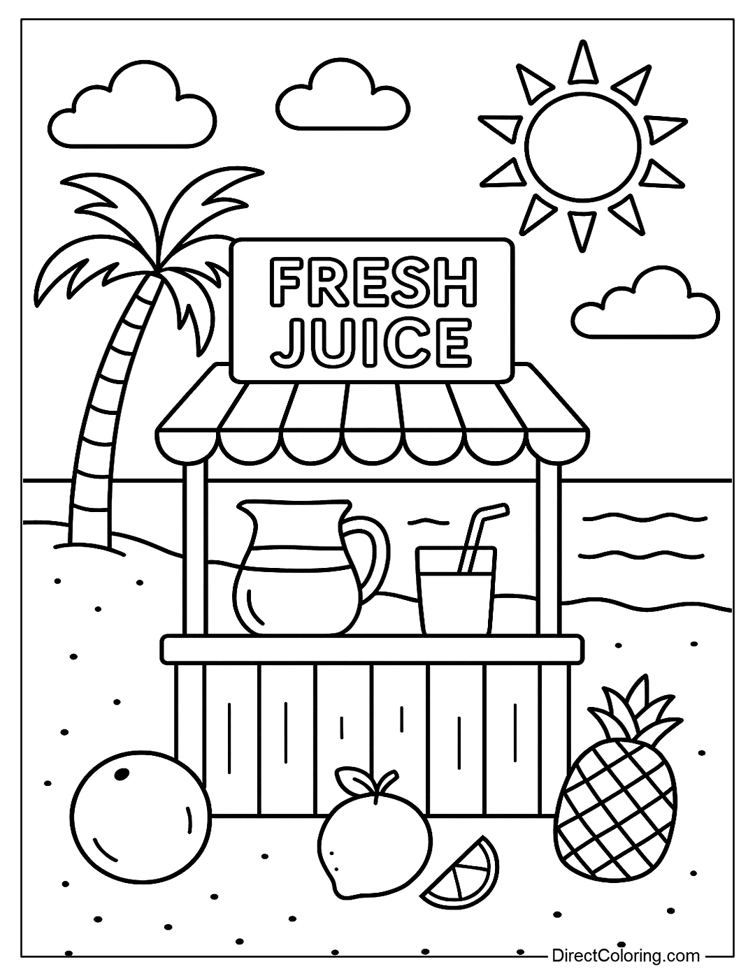 a beach coloring page with a mini juice stand with a “Fresh Juice” sign, coconuts, lemons, and pineapples
